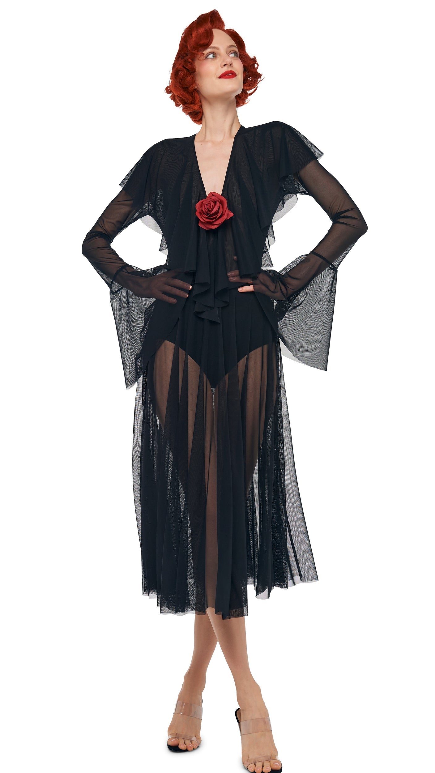 Norma Kamali LONG SLEEVE DEEP V RUFFLE BODYSUIT