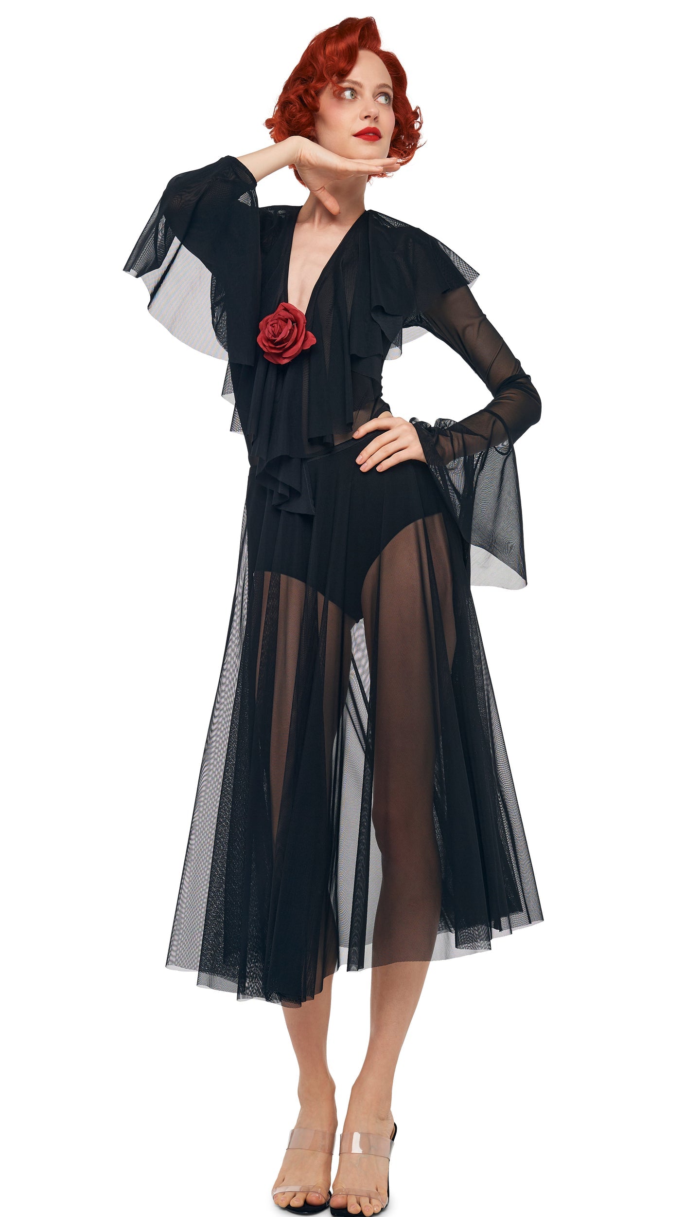 Norma Kamali LONG SLEEVE DEEP V RUFFLE BODYSUIT