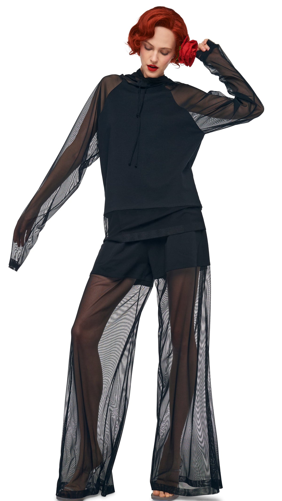 Norma Kamali OS RAGLAN SLEEVE HOODED TOP W/ MESH