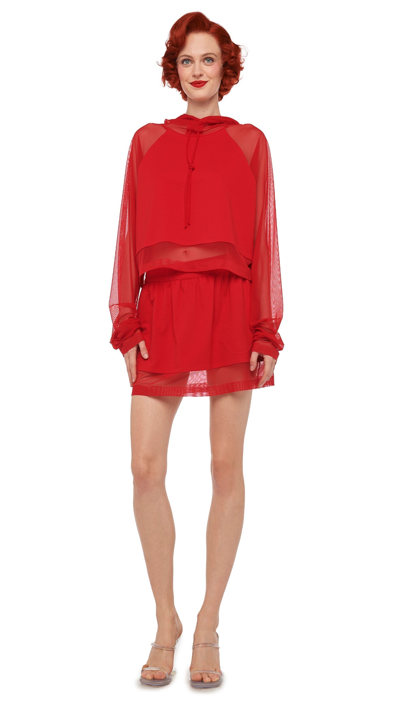Norma Kamali OVERSIZED RAGLAN SLEEVE HOODED CROPPED TOP W/ MESH