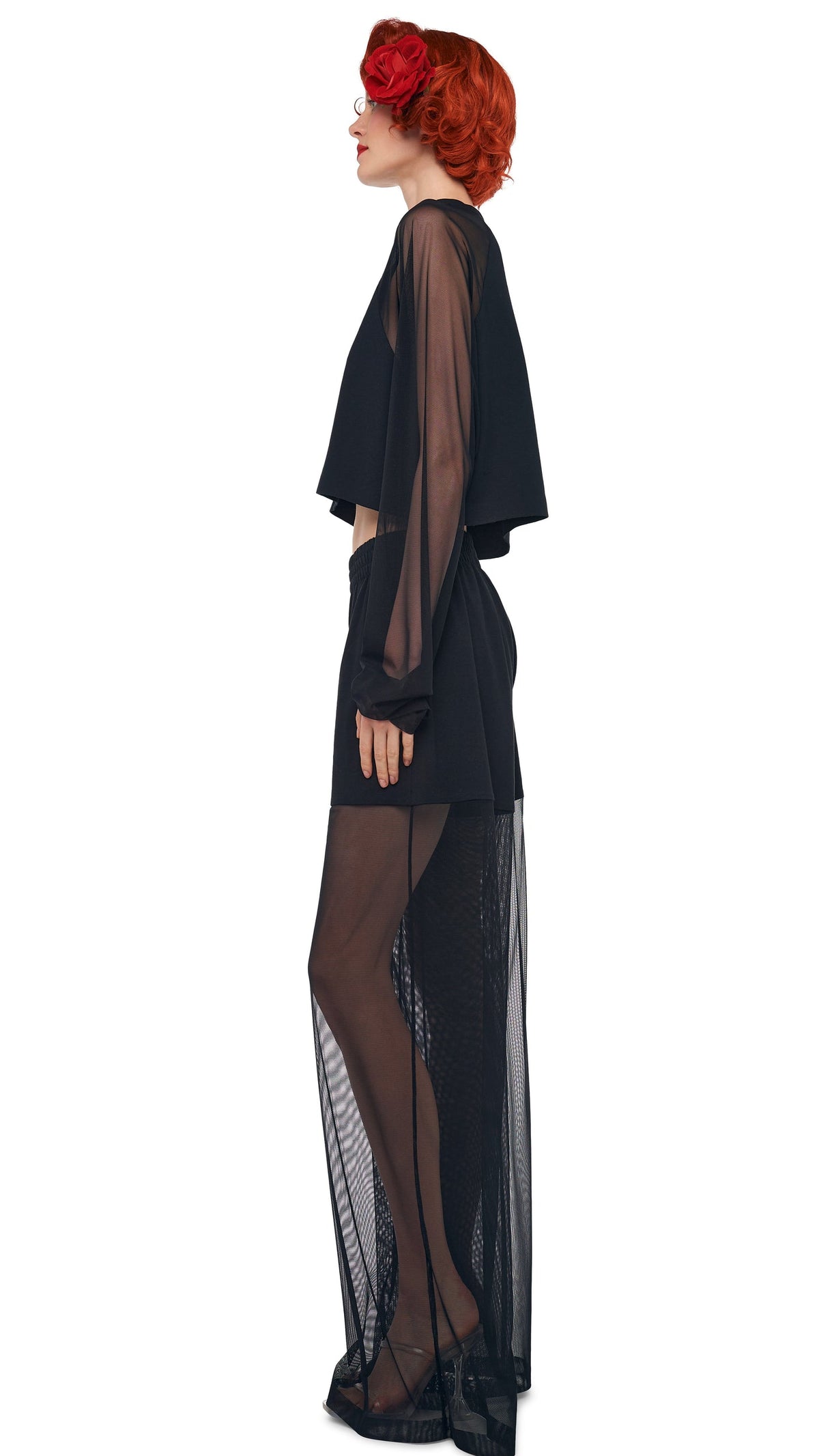 Norma Kamali OVERSIZED RAGLAN SLEEVE CROPPED TOP W/ MESH