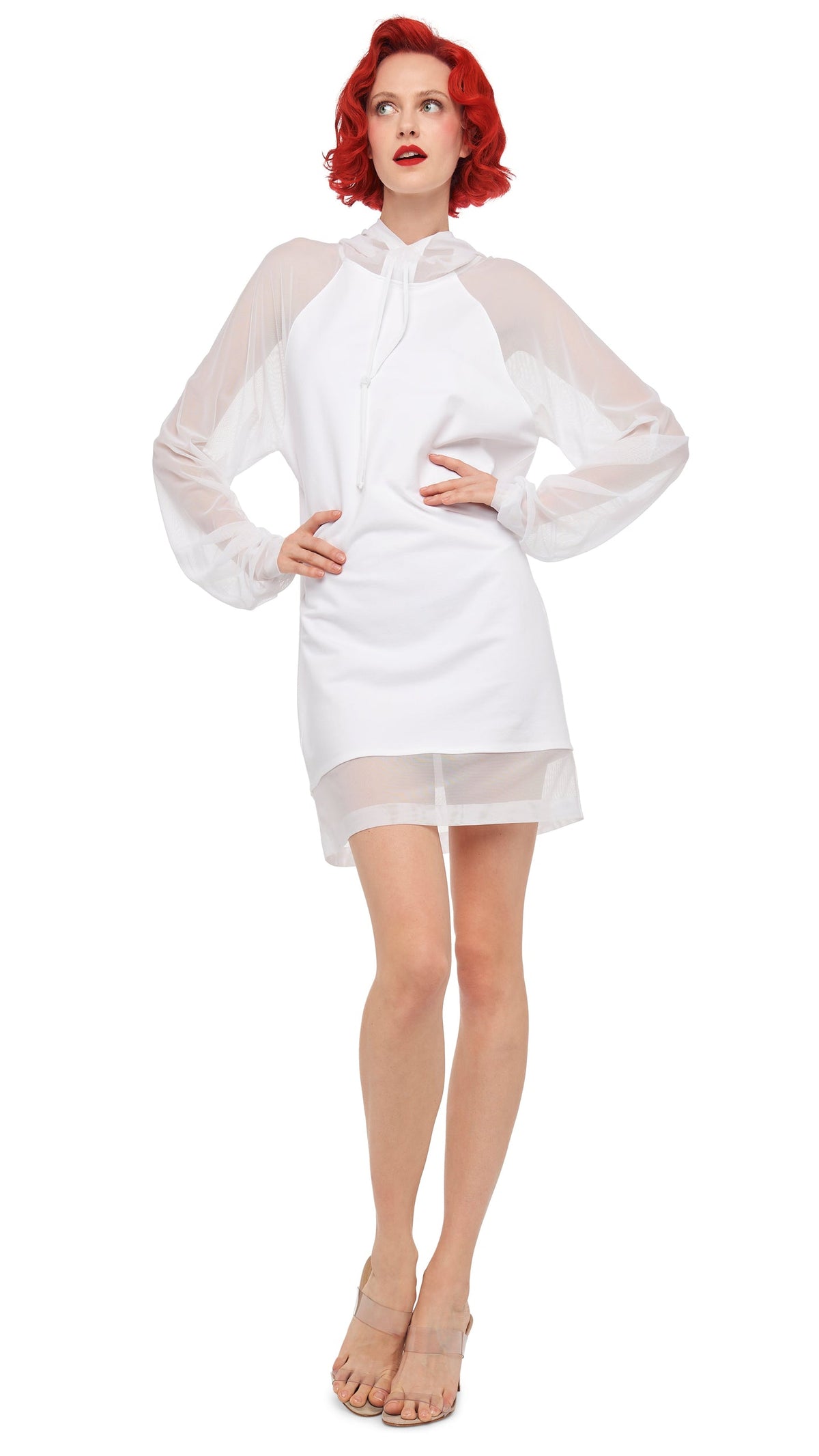 Norma Kamali OVERSIZED RAGLAN SLEEVE HOODED MINI DRESS W/ MESH