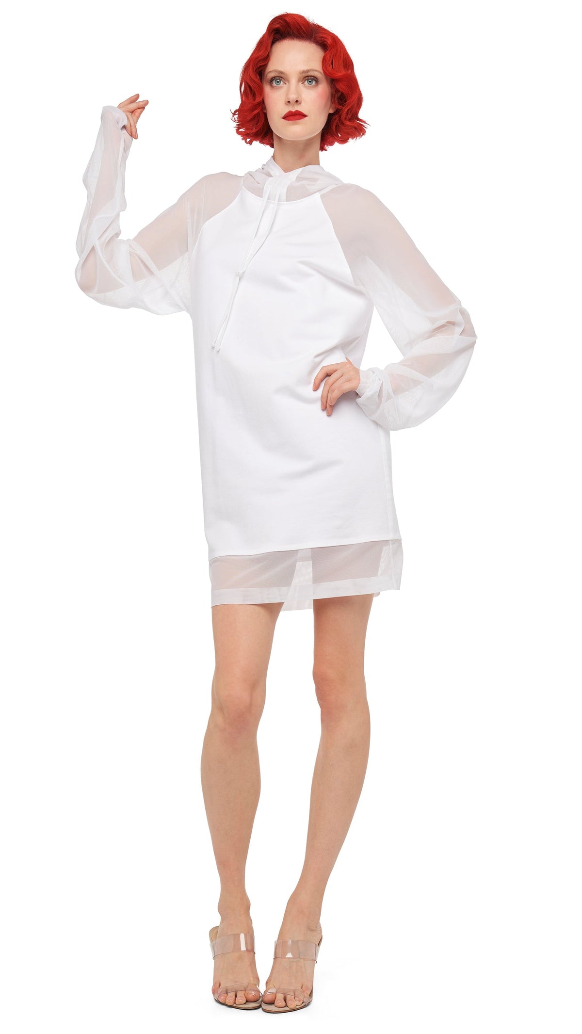 Norma Kamali OVERSIZED RAGLAN SLEEVE HOODED MINI DRESS W/ MESH