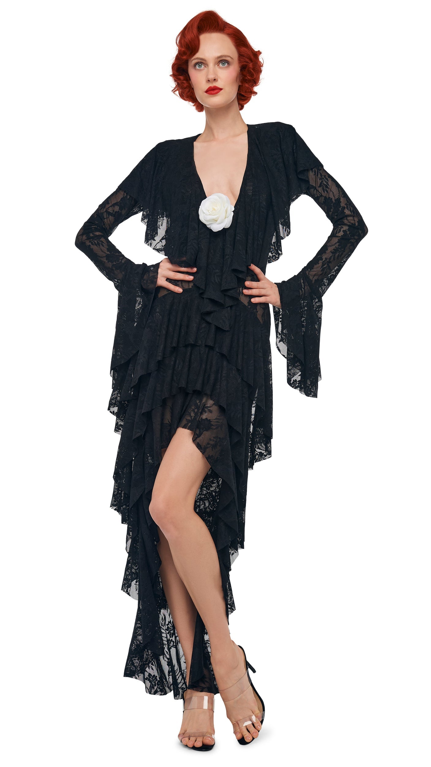 Norma Kamali HI LOW LONG SLEEVE DEEP V RUFFLE GOWN
