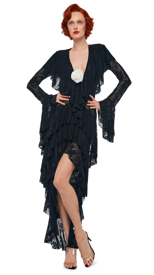 Norma Kamali HI LOW LONG SLEEVE DEEP V RUFFLE GOWN