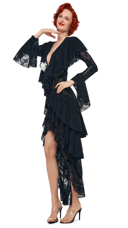 Norma Kamali HI LOW LONG SLEEVE DEEP V RUFFLE GOWN