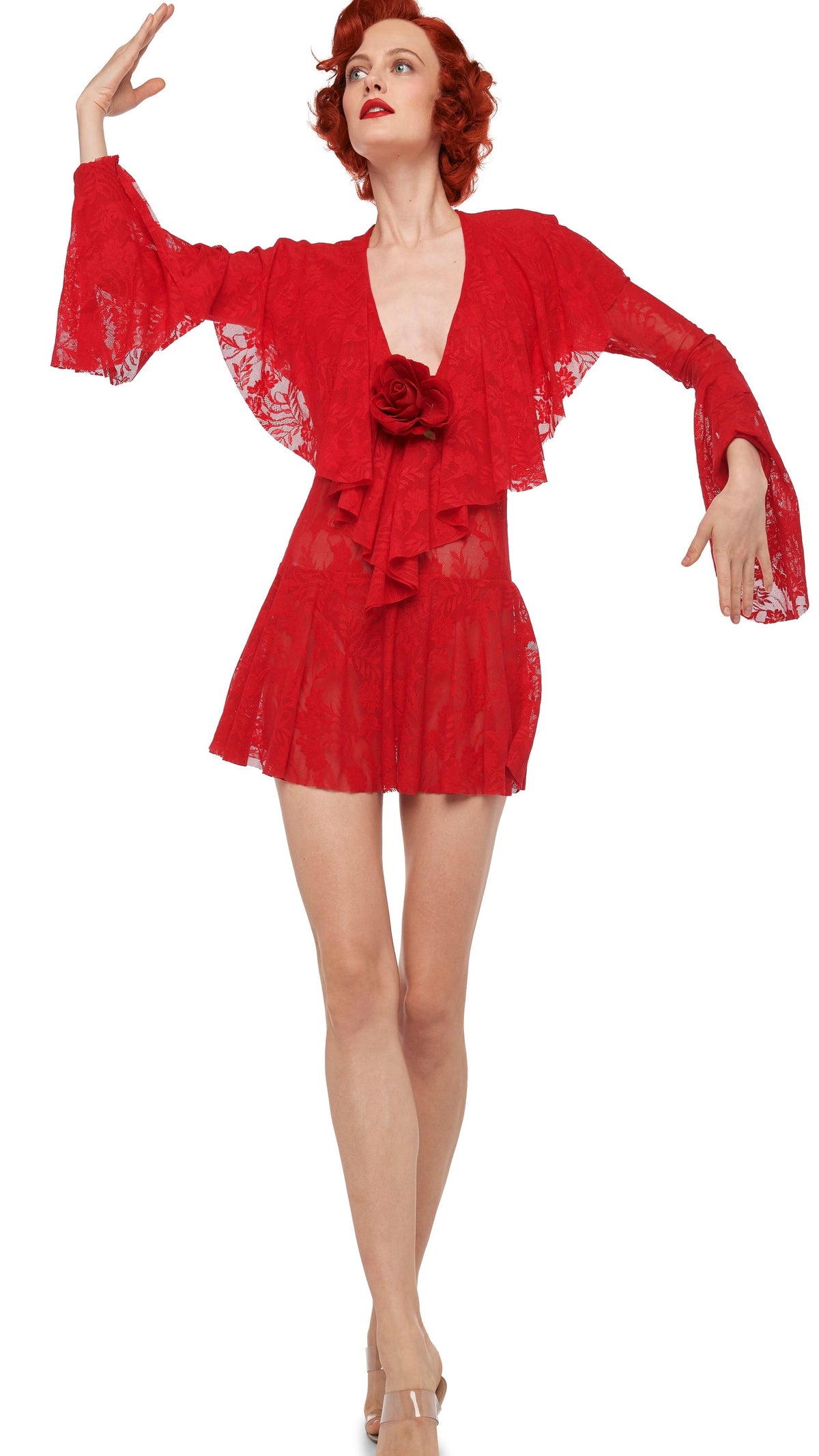 Norma Kamali LONG SLEEVE DEEP V RUFFLE MINI DRESS