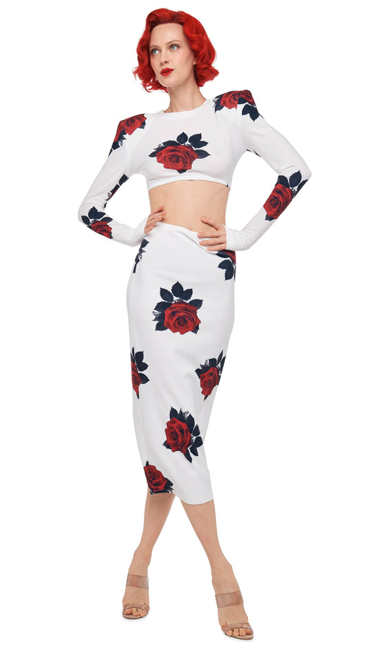 Norma Kamali CROPPED SHOULDER PAD LONG SLEEVE CREW TOP