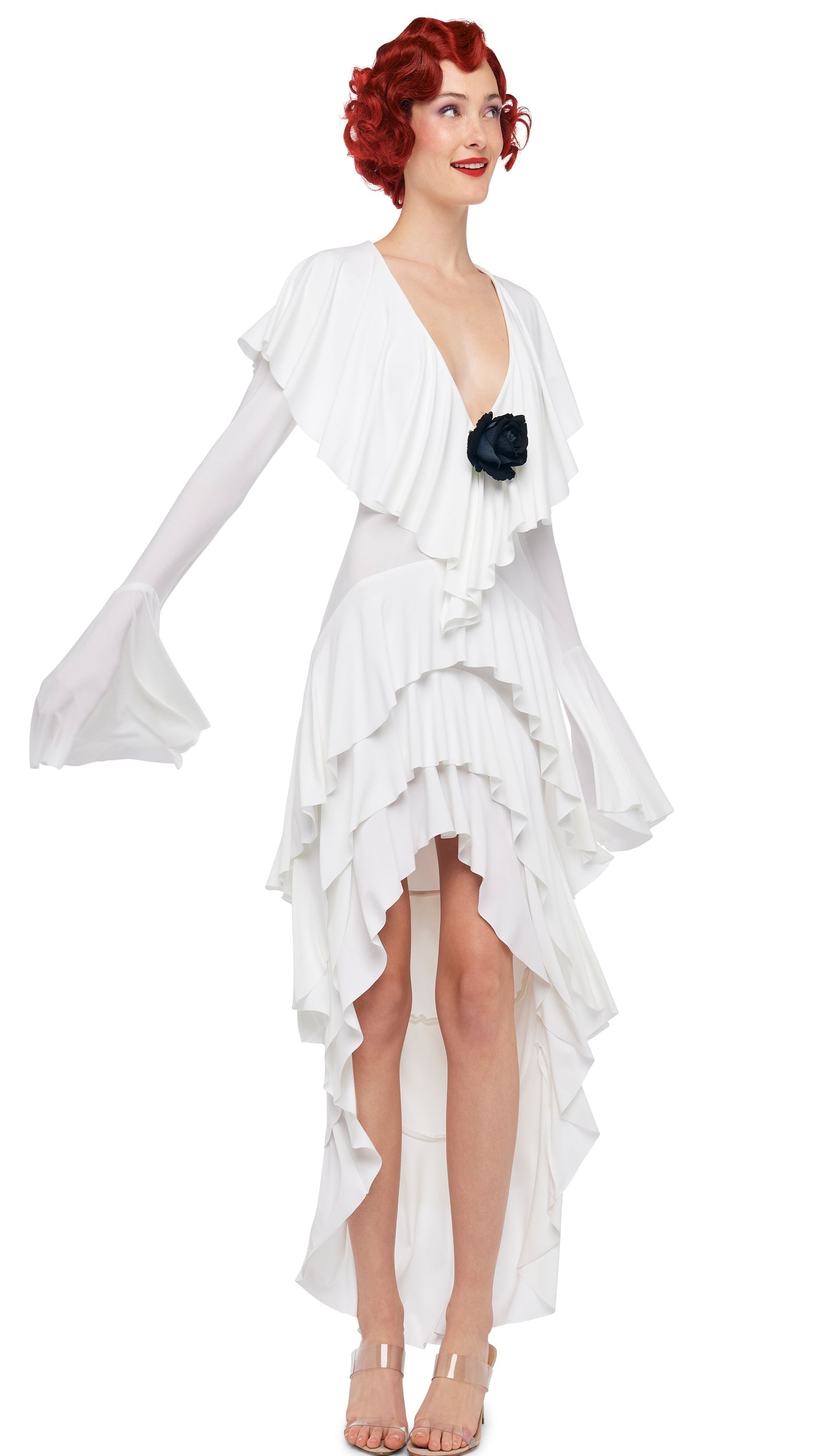 Norma Kamali HI LOW LONG SLEEVE DEEP V RUFFLE GOWN