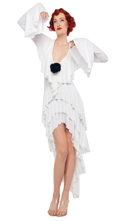 Norma Kamali HI LOW LONG SLEEVE DEEP V RUFFLE GOWN