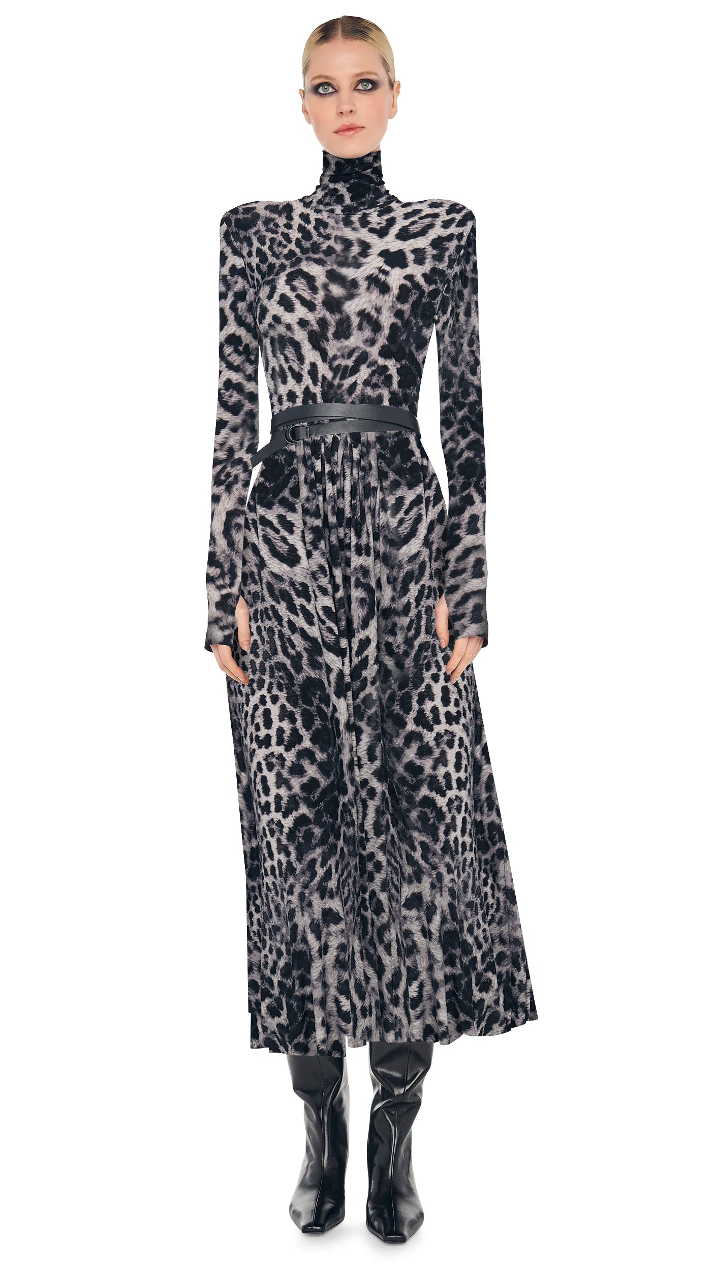 Norma Kamali LS SHOULDER PAD TURTLE FLARED DRESS TO MIDCALF