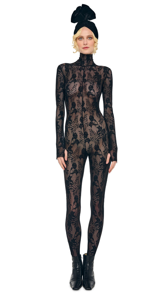Norma Kamali LONG SLEEVE SLIM FIT TURTLE CATSUIT W/ FOOTIE