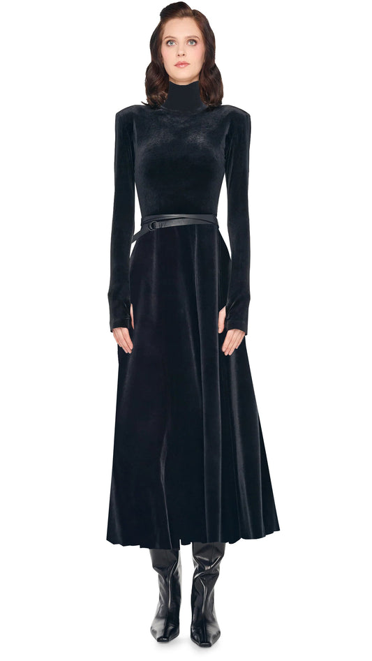 Norma Kamali LS SHOULDER PAD TURTLE FLARED DRESS