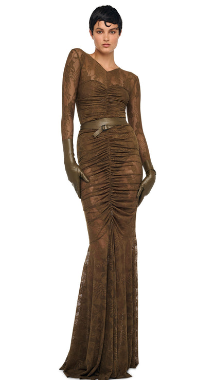 Norma Kamali V NECK SHIRRED FRONT FISHTAIL GOWN