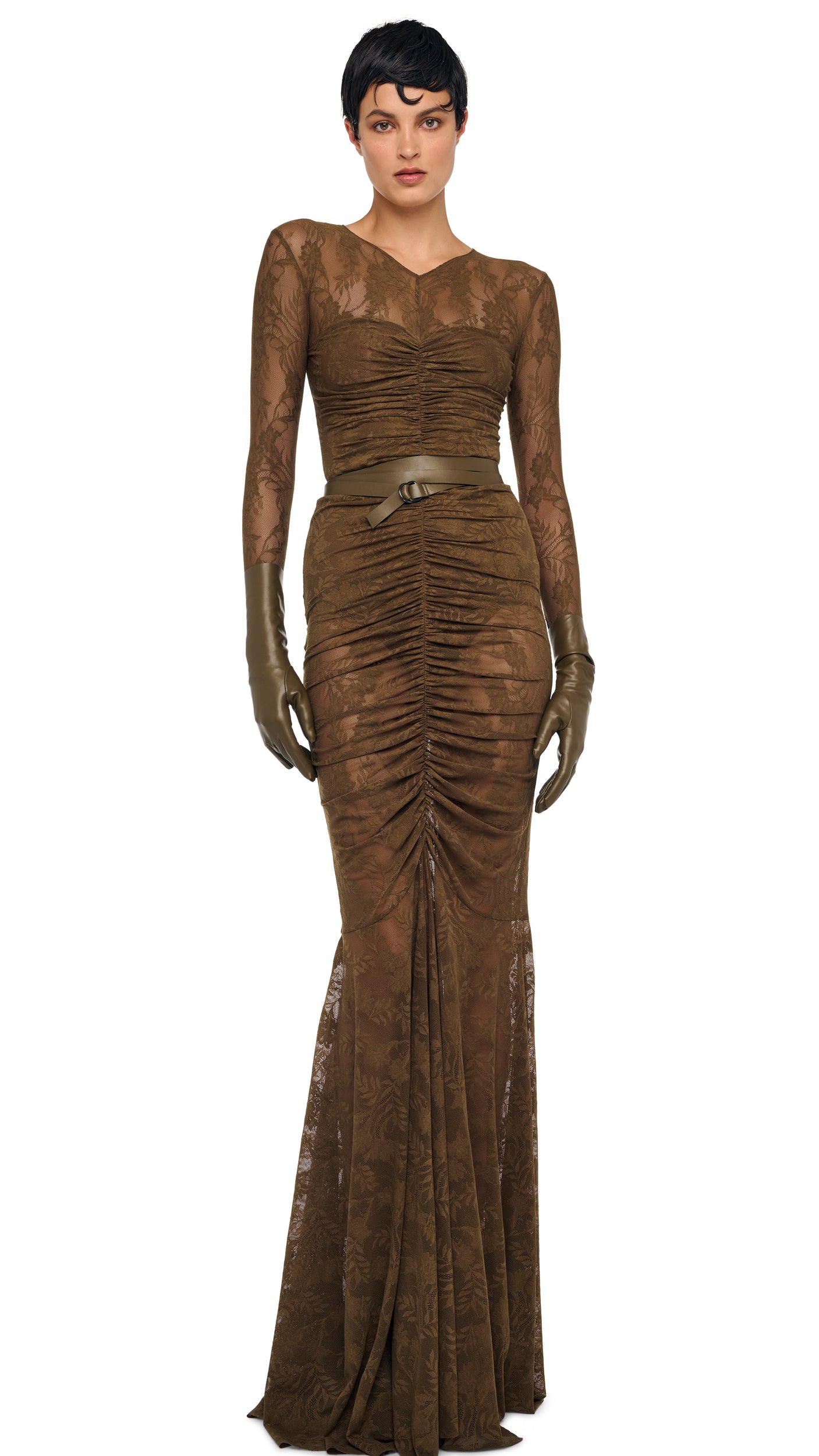 Norma Kamali V NECK SHIRRED FRONT FISHTAIL GOWN