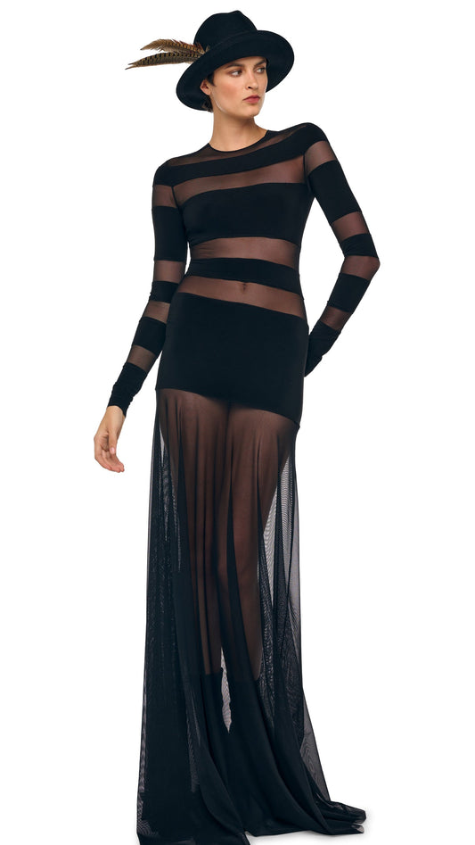 Norma Kamali SPLICED LONG SLEEVE FLARED GOWN