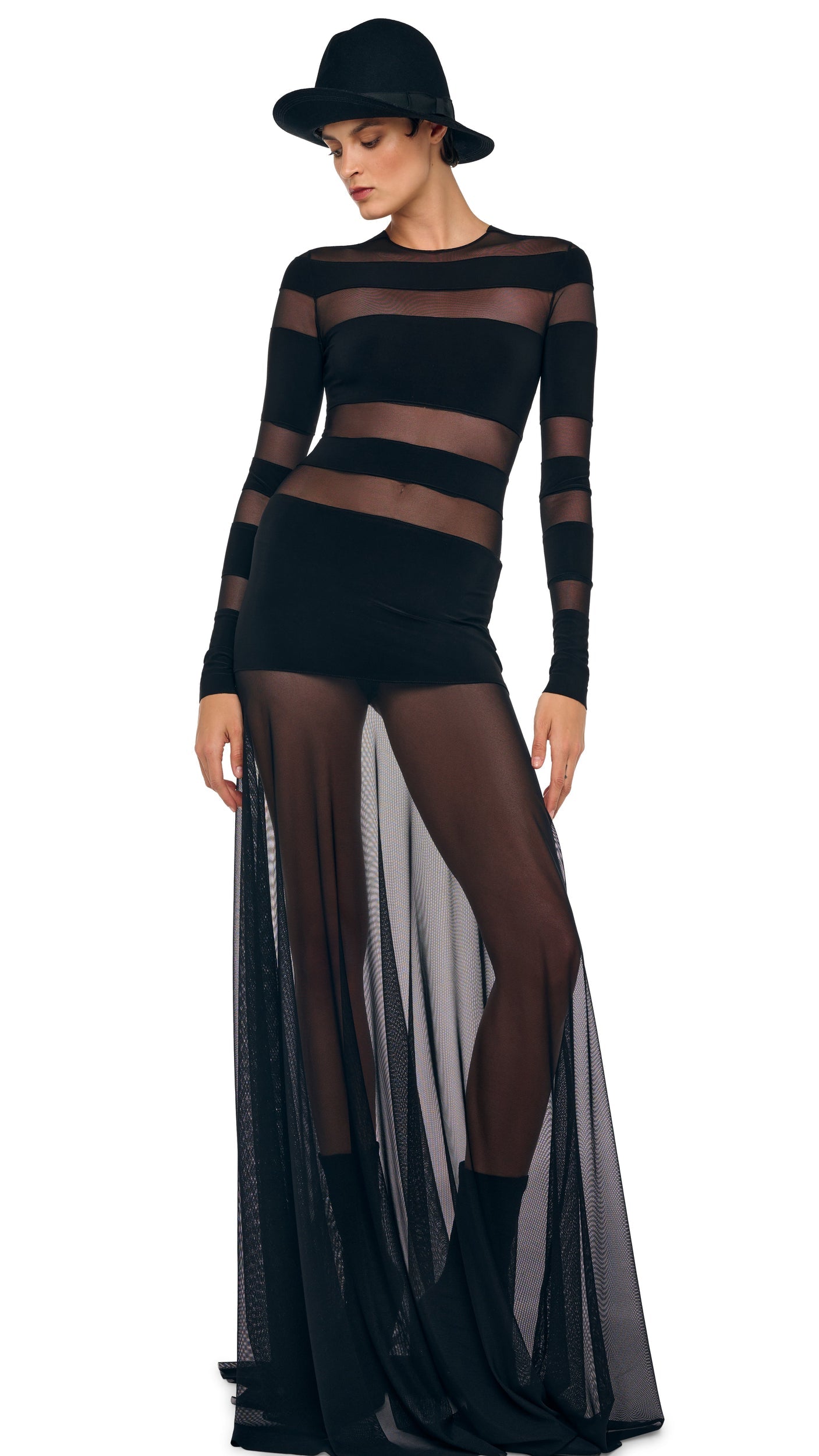 Norma Kamali SPLICED LONG SLEEVE FLARED GOWN