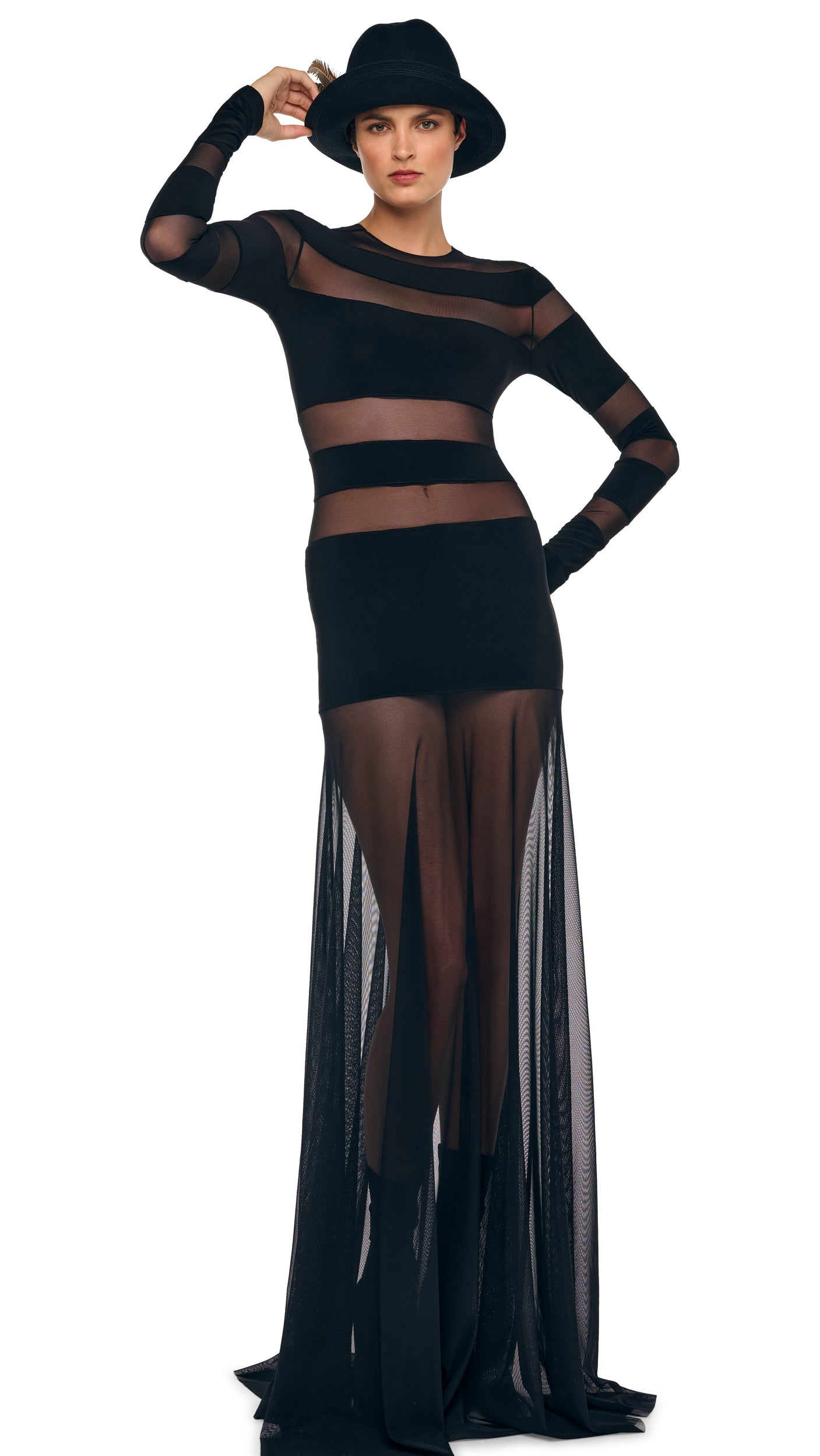 Norma Kamali SPLICED LONG SLEEVE FLARED GOWN