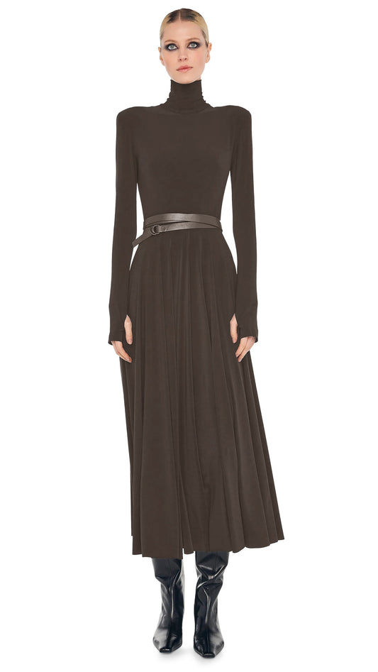 Norma Kamali LS SHOULDER PAD TURTLE FLARED DRESS