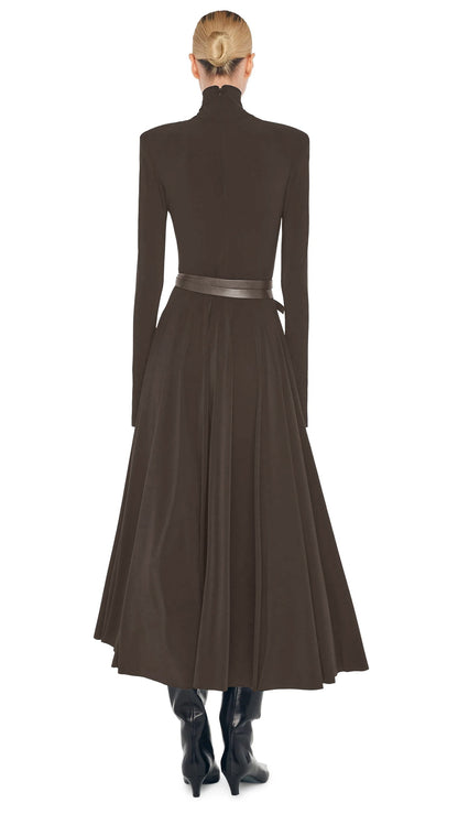 Norma Kamali LS SHOULDER PAD TURTLE FLARED DRESS