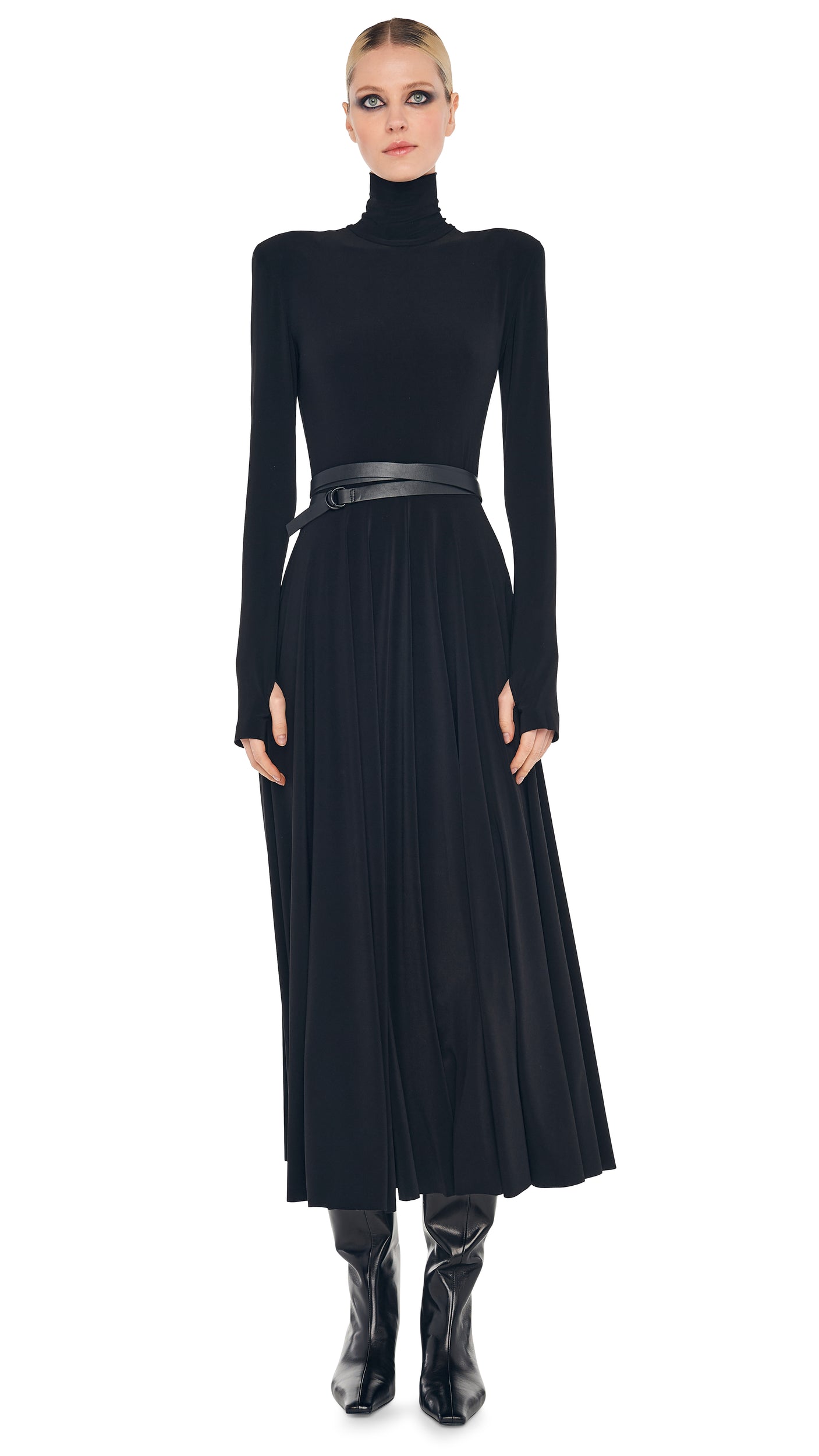 Norma Kamali LS SHOULDER PAD TURTLE FLARED DRESS