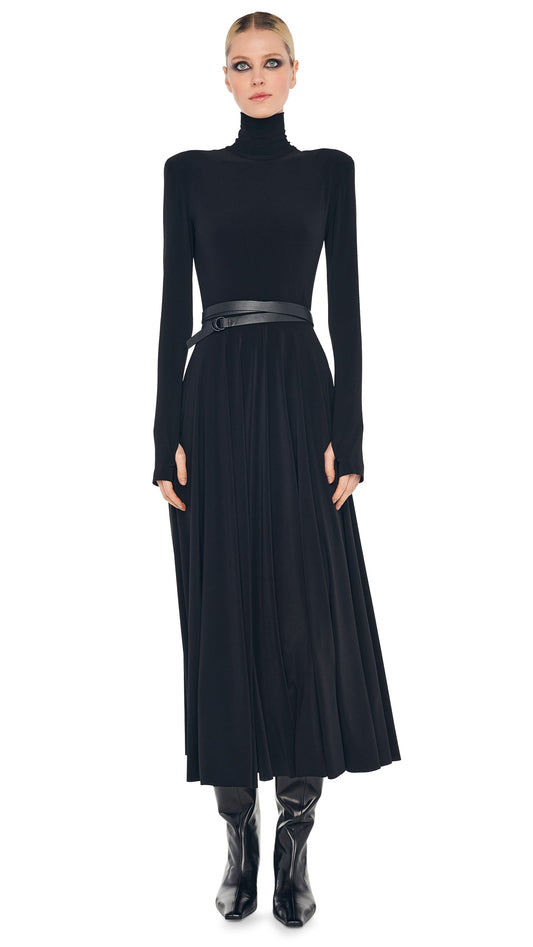 Norma Kamali LS SHOULDER PAD TURTLE FLARED DRESS