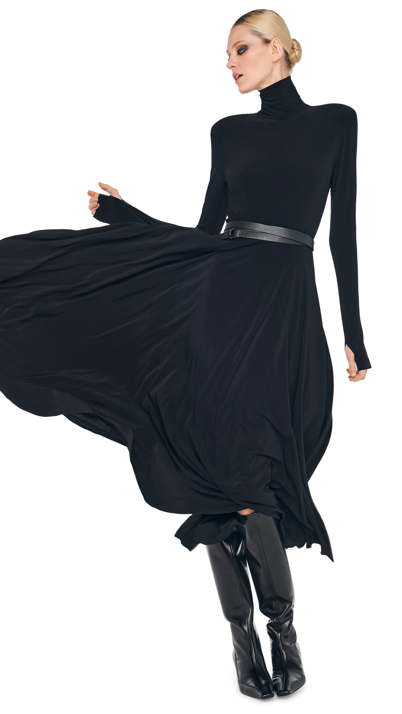 Norma Kamali LS SHOULDER PAD TURTLE FLARED DRESS