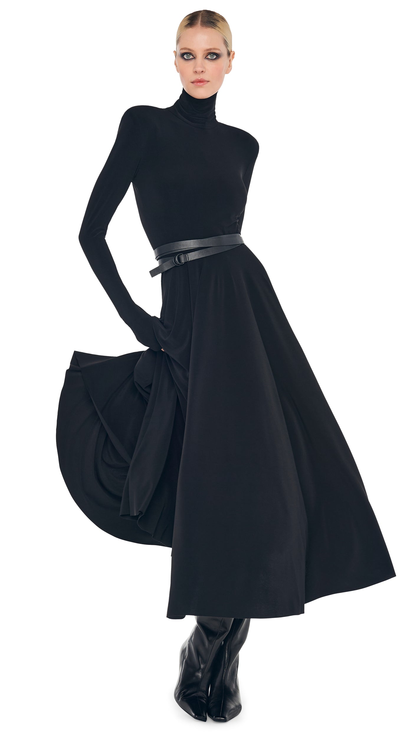 Norma Kamali LS SHOULDER PAD TURTLE FLARED DRESS
