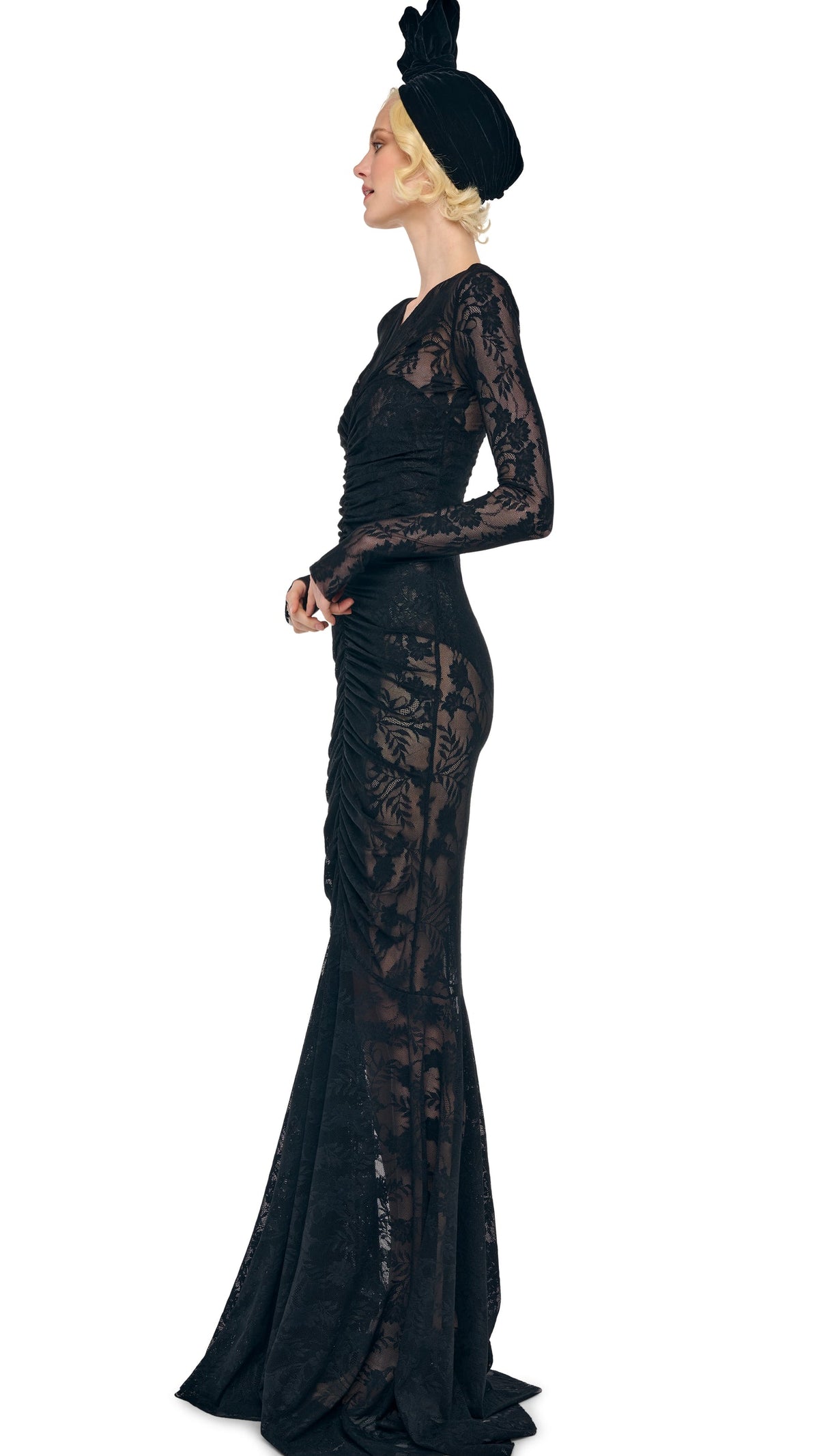 Norma Kamali LONG SLEEVE V NECK SHIRRED FRONT FISHTAIL GOWN