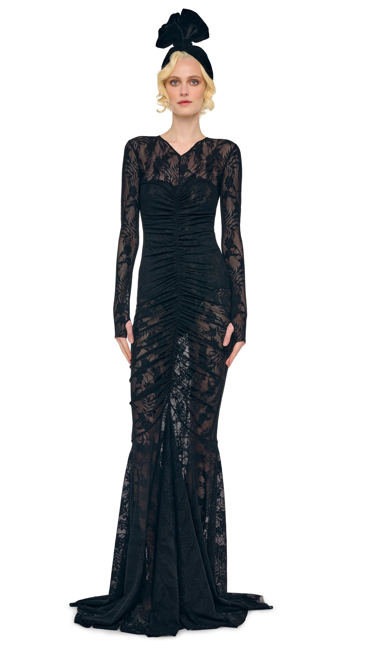 Norma Kamali LONG SLEEVE V NECK SHIRRED FRONT FISHTAIL GOWN